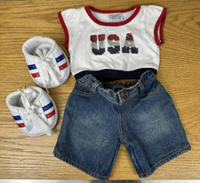 Build A Bear USA Patriotic Outfit Shirt Shorts Shoes Red White  Blue 3 Piece