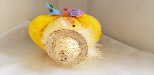 Easter Shelf Sitter Yellow Plush Chick Straw Hat Colorful Bowtie Weighted Bottom - Picture 9 of 12