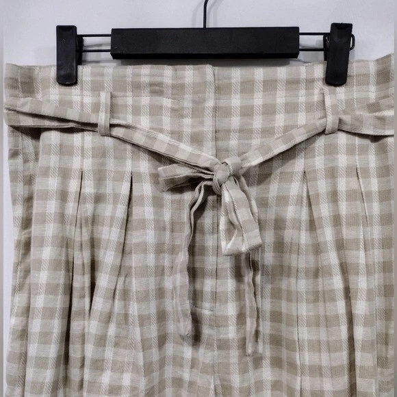 Zara Linen Blend Plaid Shorts Women's L Tan Pleated Preppy Academia Retro 90s - Image 4 of 4