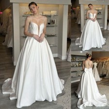Elegant Satin Wedding Dresses with Bow Backless Beach A-line Bridal Gowns Train
