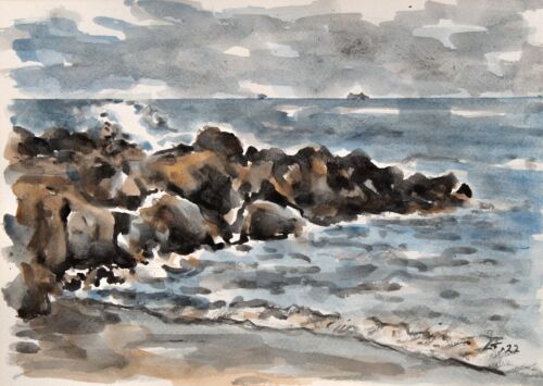 ORIGINAL Signed Handmade Watercolour painting. Seascape. Rocks. Landscap - 第 1/2 張圖片