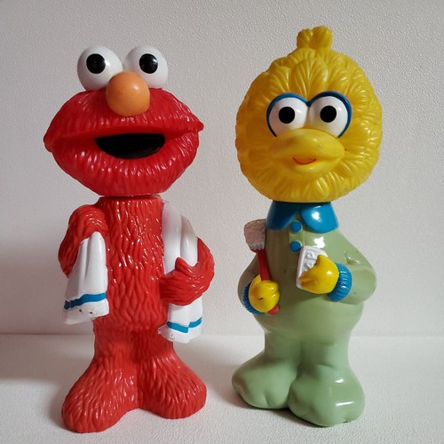 Vintage Sesamstraße Schaumbad leere Flasche und Spielzeug großer Vogel & Elmo Menge 2