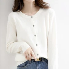 Cashmere Blend Women Sweater Cardigan Solid Color Simple Crew Neck Jacket Coat
