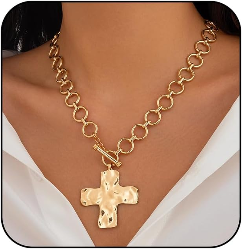 Gold Chunky Cross Necklace for Women Statement Cross Pendant Necklace Layered Ha