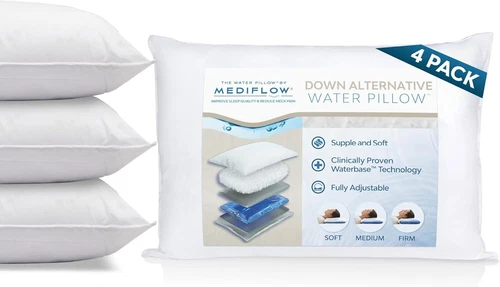 Mediflow Down Alternative Water Pillow – Adjustable Bed Pillow (4 Pillows) Soft