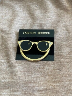 Sunglasses Brooch Pin Gold Tone Black Enamel Rhinestone Accents C103-4  - Main Image