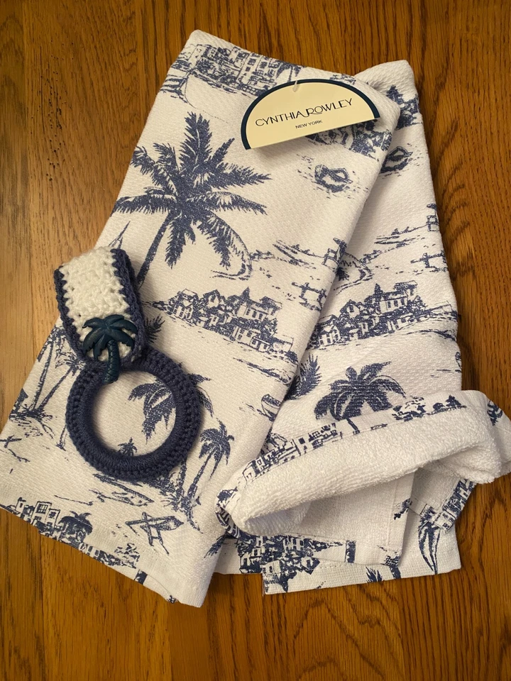 " PALM TREES AT SUNSET" dish towels with crochet towel ring holder(3pc set) - Image 3 of 3