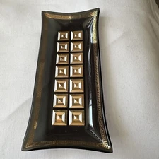 MCM Smokey Glass Small Tray Dish Gold/White Design Trim 3.5 X 8 Inches