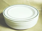 Set of 8 PYREX Tableware Green Band 10.5" Dinner Plates Milk Glass Vintage 795