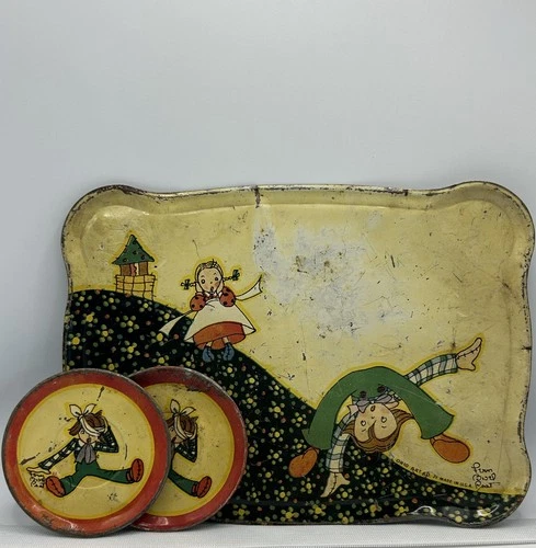 Vtg Ohio Art Co Jack & Jill Tin Litho Tea Tray & Coasters Fern Bisel Peat Set