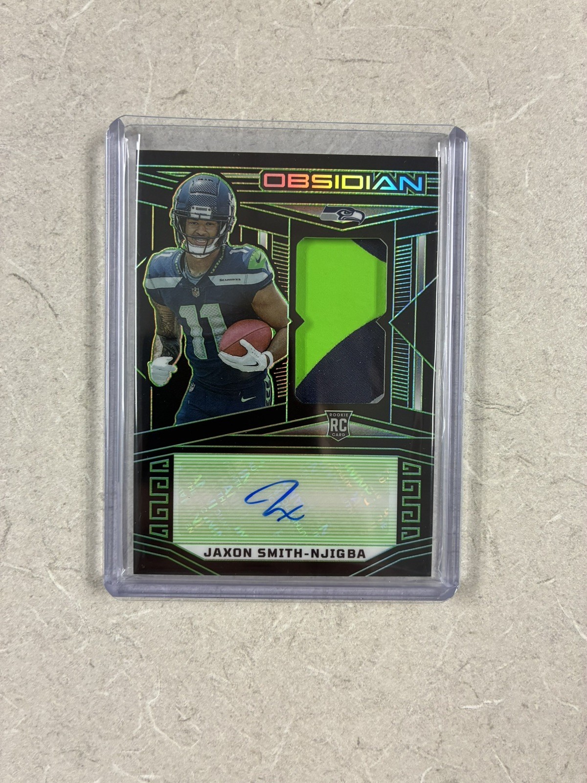2023 Obsidian Jaxon Smith-Njigba Green Etch Rookie Patch Auto Seattle /25 SP