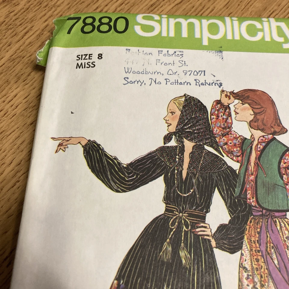 7880 Simplicity Sewing Pattern Size 8 Miss Boho Peasant Retro Top Skirt 1976 Cut - Image 3 of 4
