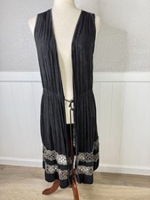 POL Womens Long Boho Crochet Lace Trim Kimono Duster Cardigan Size M/L