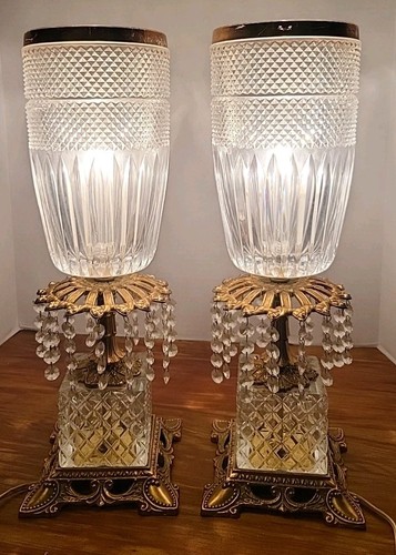 Antique Crystal & Brass Bohemian Hollywood Regency AB Moulds Torch Lamps 17" Wow - Picture 1 of 24