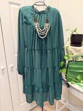 KIRUNDO Women’s Green Chiffon Tiered Ruffle High Neck Long Sleeve Dress XL