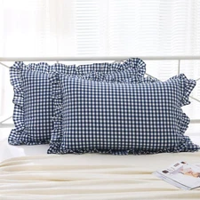 2 Pack Navy Blue White Plaid Ruffle Pillow Shams Standard Size 20x26 inches 1...