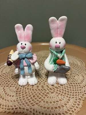 Bunny Rabbits With Bee And Carrot Polymer Figurine Decor Easter 4  Spring Garden