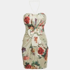 Dolce Gabbana Beige Floral Print Silk Bow Detail Strapless Mini Dress S