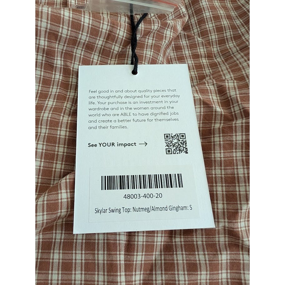 ABLE Skylar Swing Top Nutmeg 100% Cotton Gingham Button Peasant Sleeve S NEW