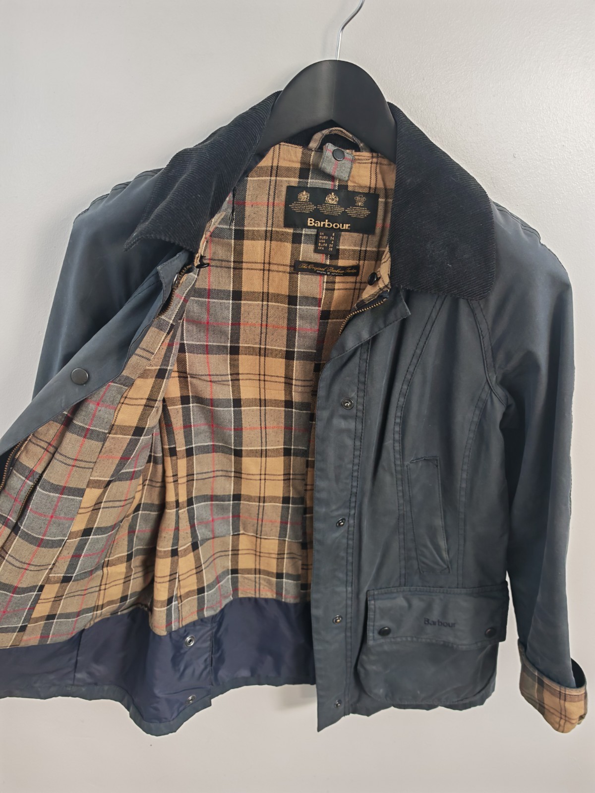Barbour Beadnell Wax Jacket Womens UK 8 Navy Blue Tartan Lined Coat image 5