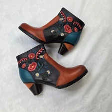 Socofy Leather Heeled Boots Embroidered Patchwork Hippie Fairy Size 40 (9)