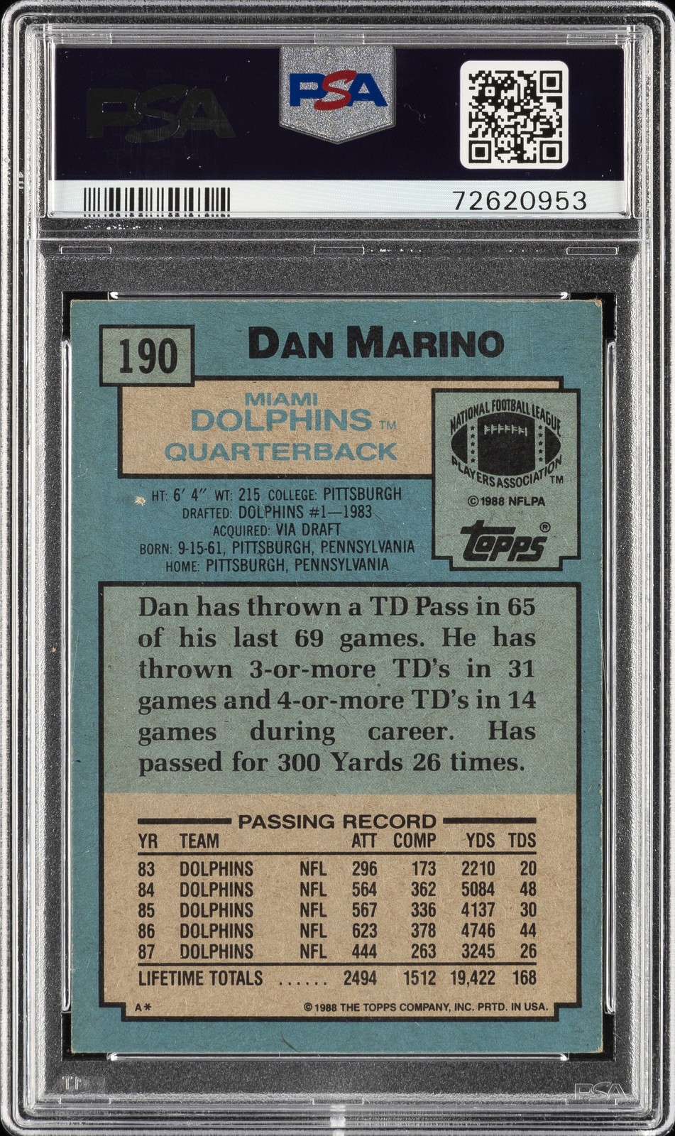 1988 TOPPS #190 DAN MARINO PSA 5 view 2
