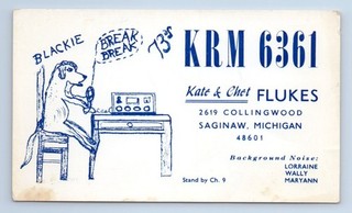 QSL Card Blackie Dog At Desk Flukes Saginaw MI VTG Radio Card KRM6361