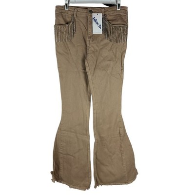 Blue B Collection Womens Khaki Flare Pants Medium With Fringe & Rhinestones