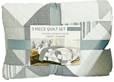Origami Pieced Modern Patchwork 3-piece Queen Quilt Set Gray