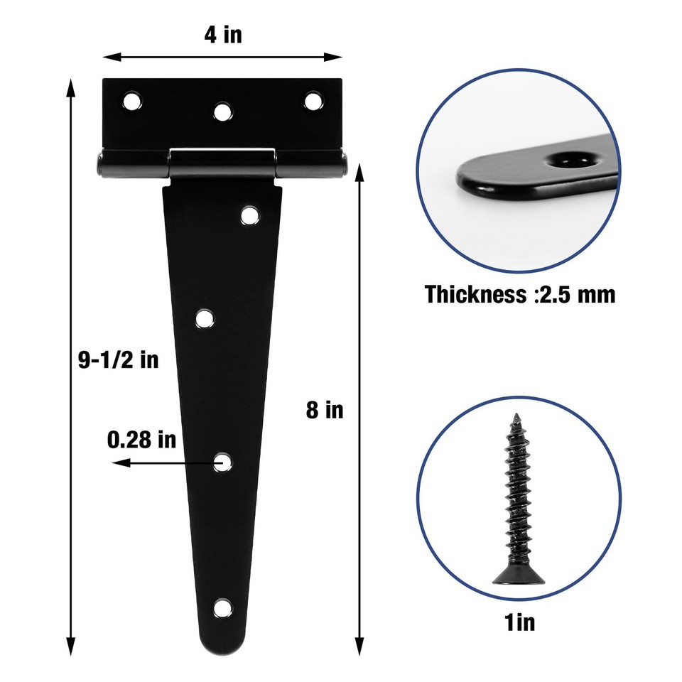 TDCHINGES T Strap Black Gate Hinges 8 Inch for Barn Fence Shed 2.5mm 6 ...