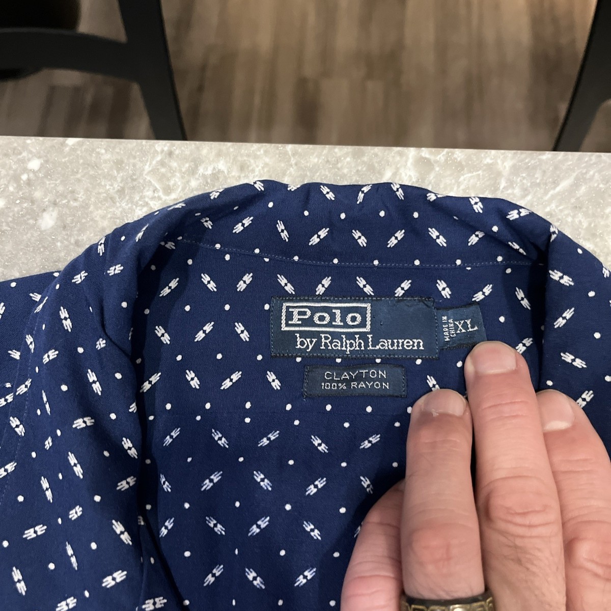 Polo Ralph Lauren Shirt Mens XL Clayton Navy Blue Print Rayon Camp