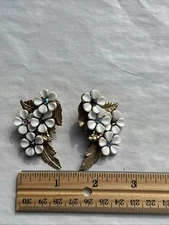 Signed Emmons Vintage Large Floral With Stones Clip Earrings