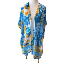 Tropical Floral Kimono Boho Blue Yellow Tassel One Size Beach Cruise Resort