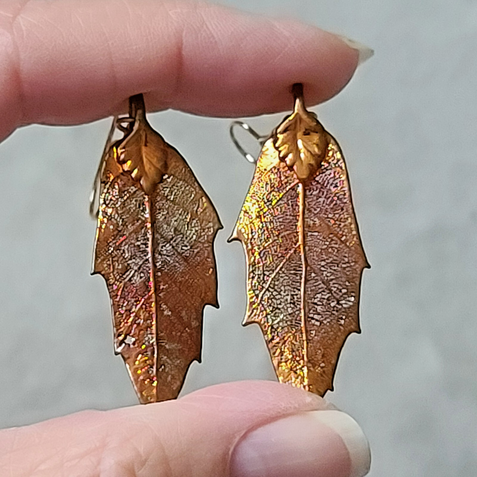 Real Skeleton Leaf Dangle Hook Earrings Gold over… - image 1