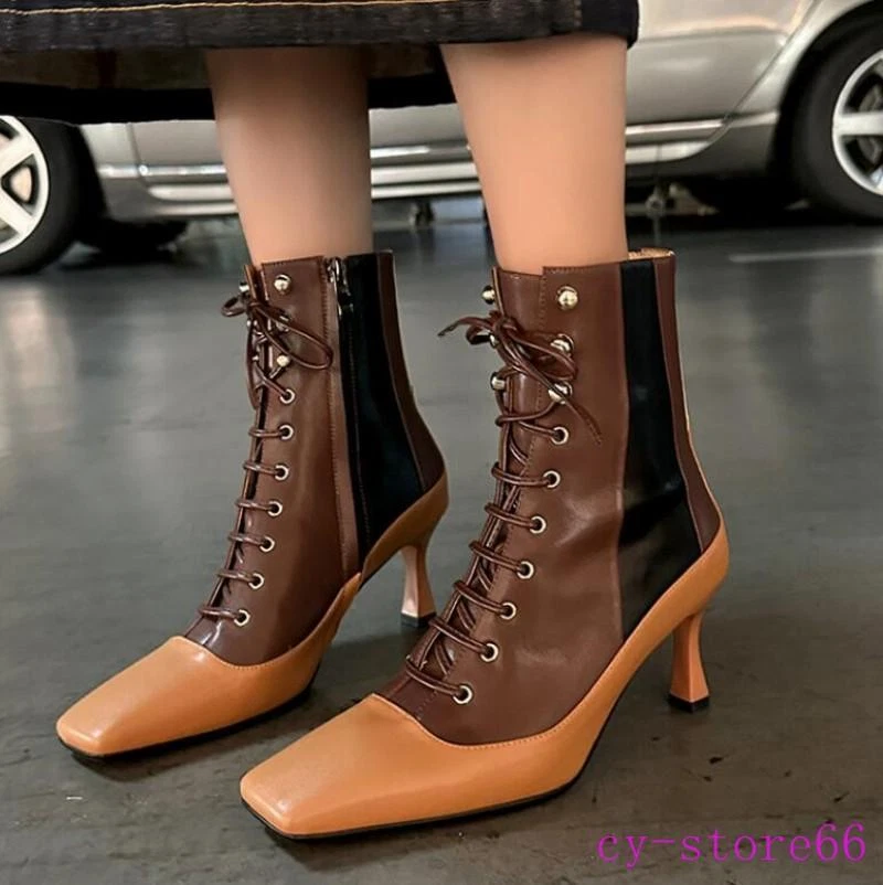 Square toe lace 2025 up boots womens