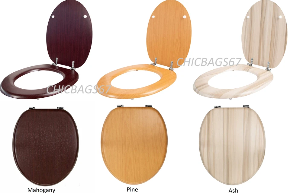 ANIKA BATHROOM NEW 18" MDF WOODEN TOILET SEAT UNIVERSAL BATHROOM WC EASY FIT + FITTINGS W/C UK