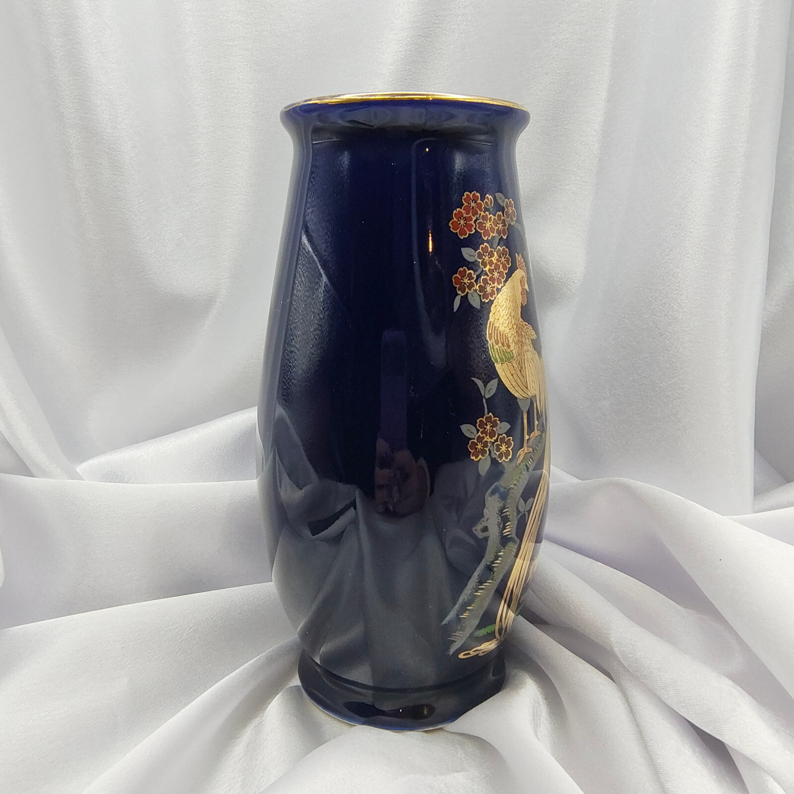 VTG Japanese Vase Cobalt Blue Rooster Sakura Cherry Blossom Gold Accents Signed