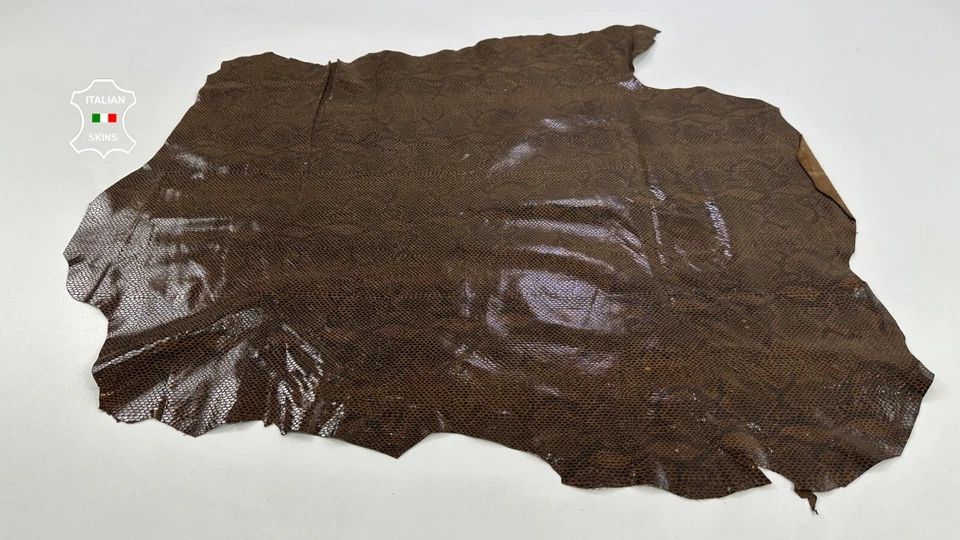BROWN SHINY PYTHON SNAKE PRINT ON Thin Lambskin Leather hides 5sqf 0.6mm #C3869 - Image 2 of 4