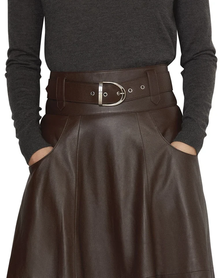 Women's Lambskin Genuine Leather Skirt Flare Long Skirt A-Line Custom Made Skirt - Image 4 of 4