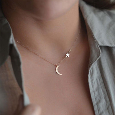 Women Simple Necklace Jewelry Long Pendant Gold Silver Moon Star Choker Chain JT