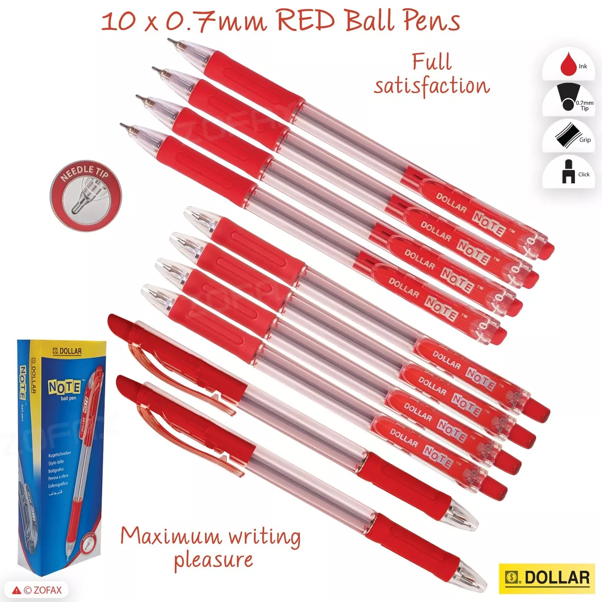 10 x 0.7mm Tip Ball Pen DOLLAR Note RED Click Ballpoint Pens Soft Rubber  Grip