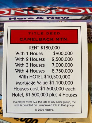 2006 Monopoly Here & Now Camelback Mountain Red Title Deed Card Game Part