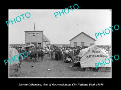 OLD POSTCARD SIZE PHOTO OF LAWTON OKLAHOMA CROWD THE THE CITY BANK c1890