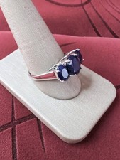 Beautiful Dark Blue Sapphire Three Stone Sterling Silver Ring Size 11.75