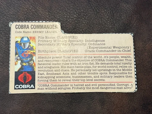 🔴 GI Joe Cobra Commander File Card Store Back 1983 ARAH Vintage Hasbro