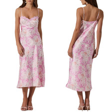 NEW ASTR The Label PINK FLORAL Lace Trim SATIN Slip MIDI DRESS M