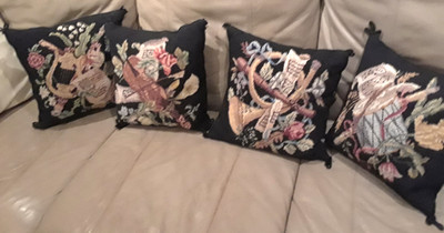 Rare VTG Needlepoint Set 4 Musical Pillow Cases Harp/Violin/Trumpet/Drum Velvet