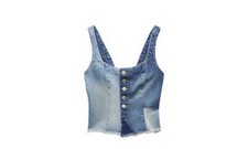 Denim Button-Up Cropped Sleeveless Tank Top Blue Square Neck Wide Strap