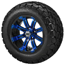 (4) Golf Cart 22x10-12 Trail Fox A/T Tires on 12x7 Black/Blue Tempest Wheels