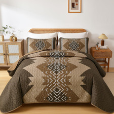Brown Quilt Set King Size Boho Aztec Texture Bedspread Coverlet Set 3 Piece Soft
